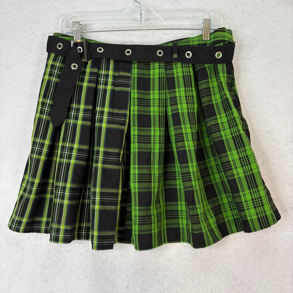 Social Collision Mixed Plaid Pleated Mini Skirt Green Womens XL Punk Grunge Goth - Picture 2 of 5